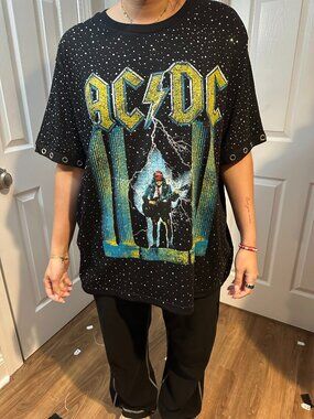 ACDC Upcycled Band Tee with Rhinestones and Grommet Hole Sleeve Trim